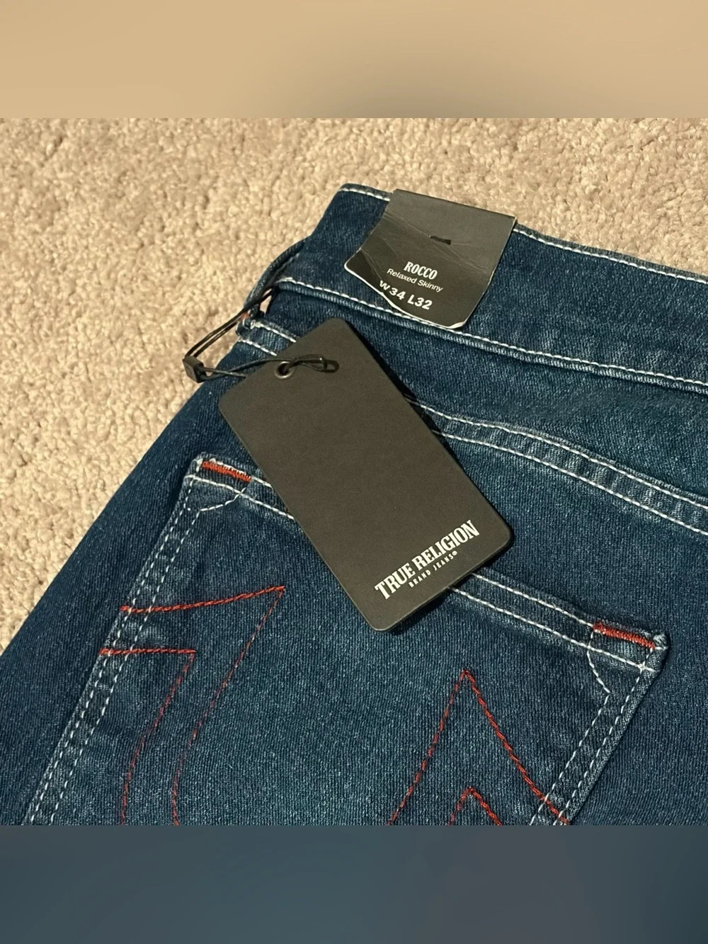 True Religion Rocco Relaxed Skinny Jeans Men’s Size 34x32 Dark Wash NWT No Flap